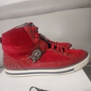 Versace Red Leather Suede Medallion High Top Gunmetal Stud Sneaker